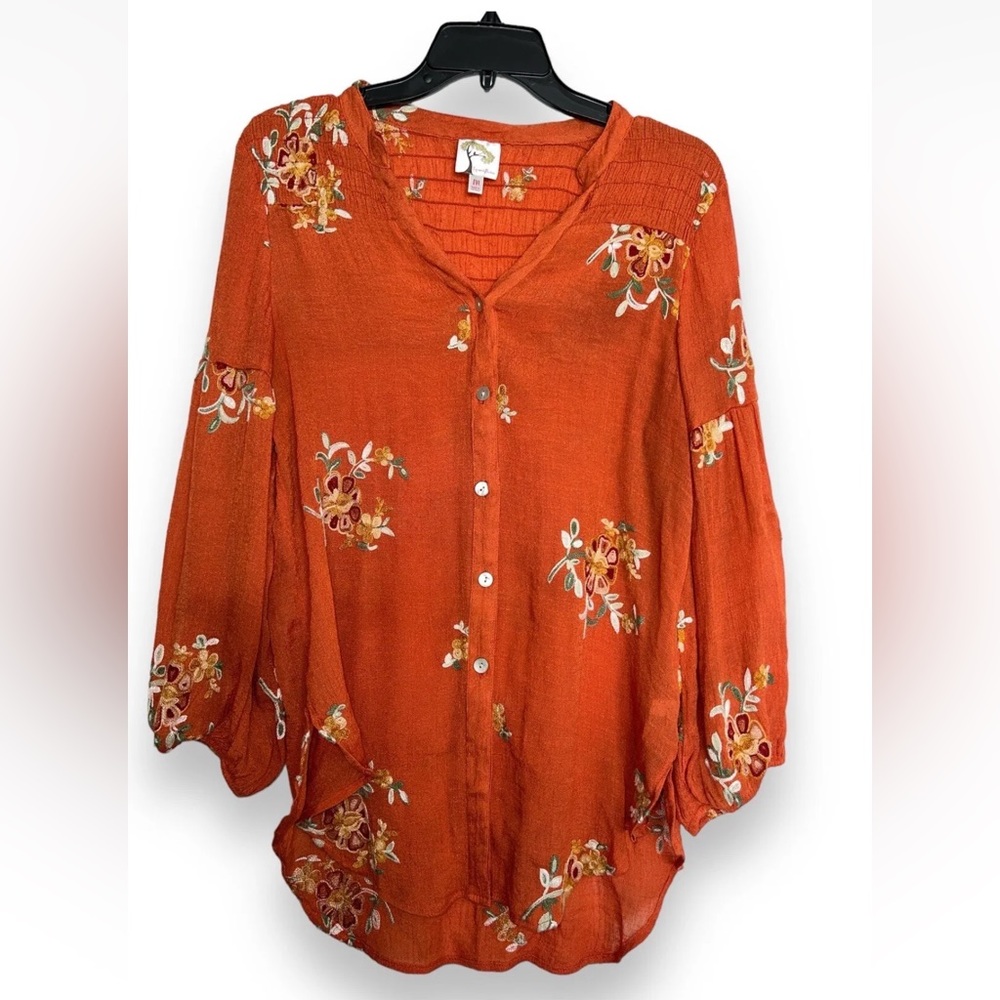 Fig and Flower Anthropologie M Orange Button Up Floral Embroidered V-Neck Shirt